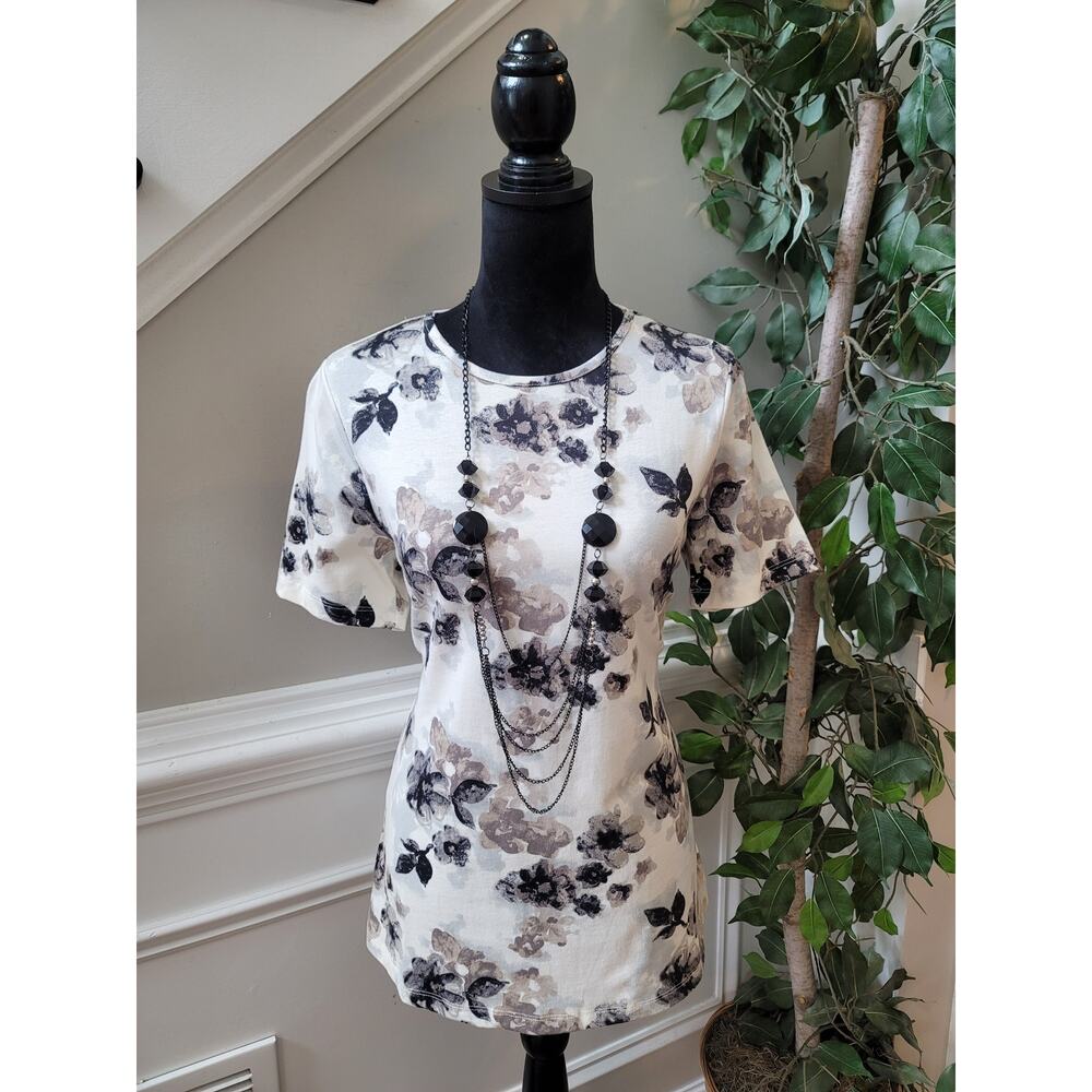 Denim and Company Blouse Women's XS White Black Floral Print Short Sleeve